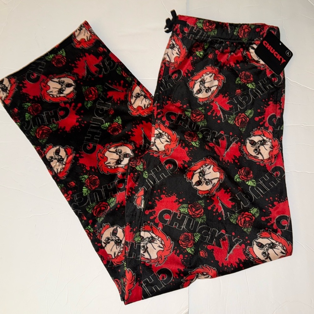 NWT Chucky Men's Christmas Minky Fleece Sleep Pajama Pants Chucky Roses Sz L